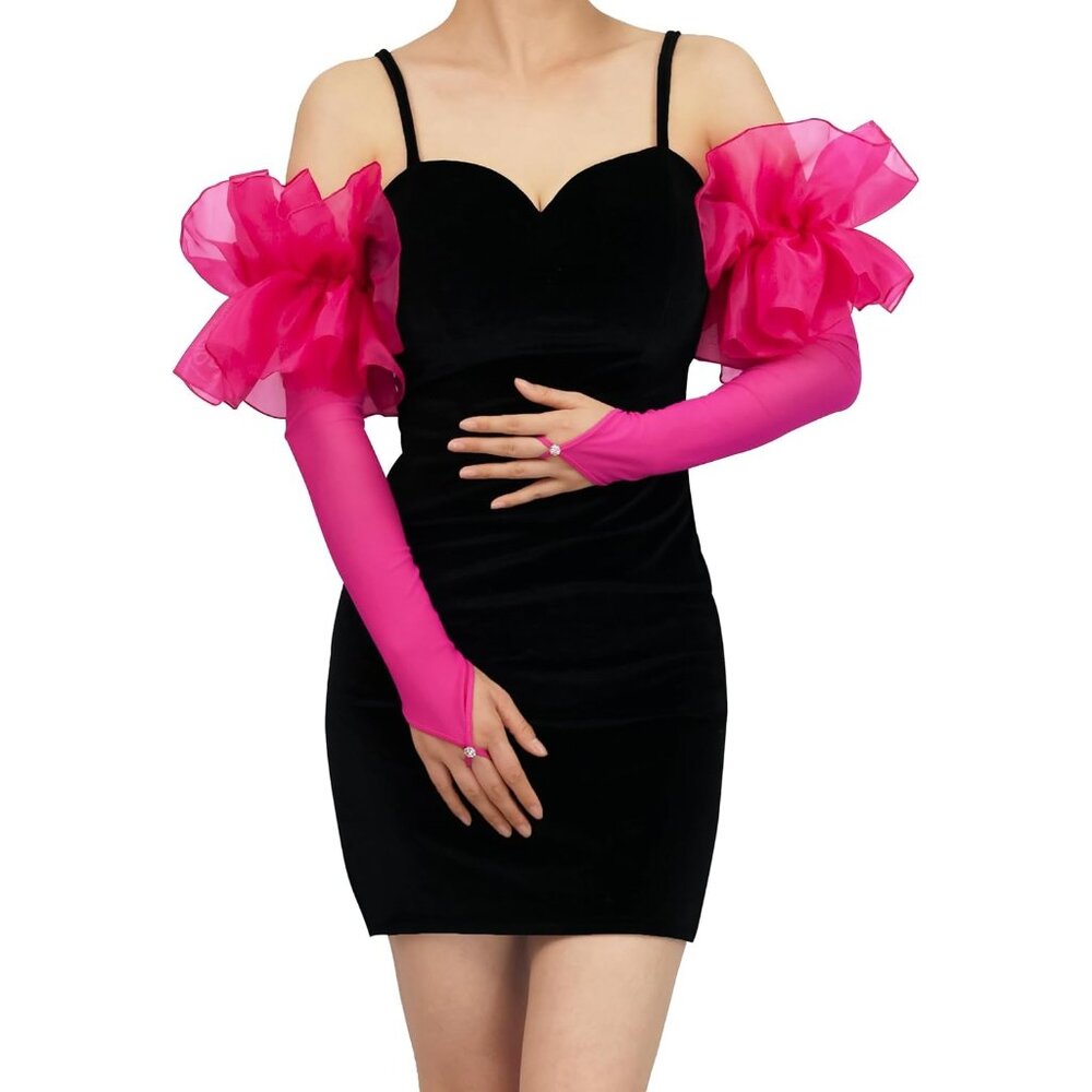Women's Fuschia Tulle Evening Mesh Sheer Puff Long Gloves Stretchy Wedding Party